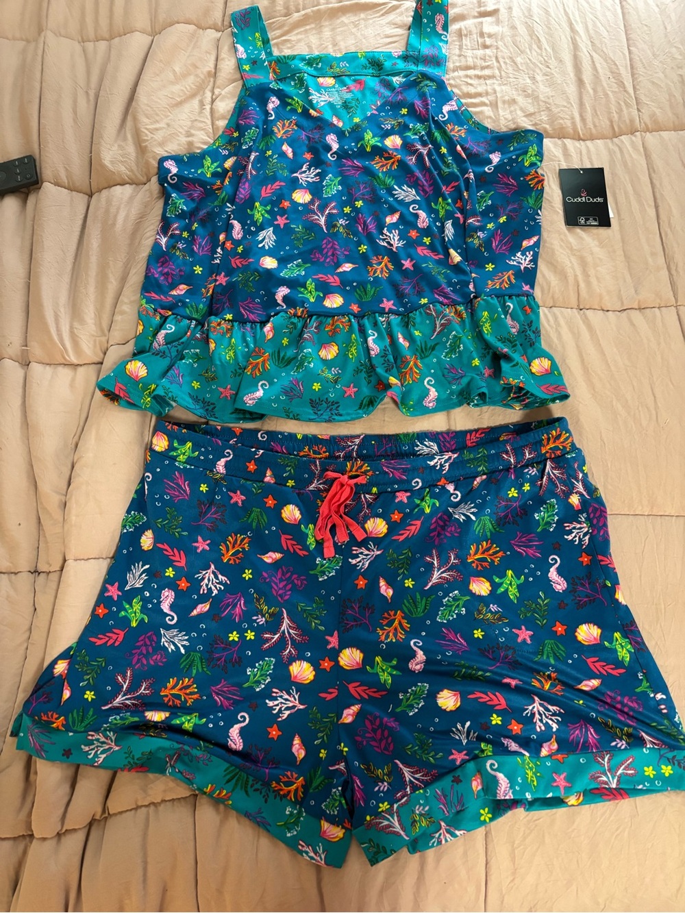 Cuddl Duds Teal & Blue Ocean Print Ruffle Tank and Shorts Set
